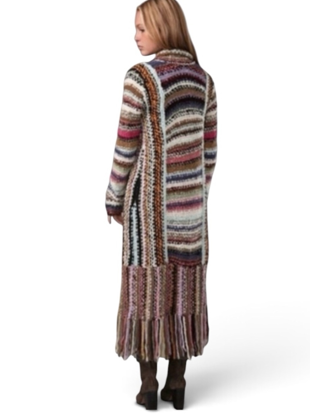 Free People Multicolor Striped Open-Front Fringe Knit Sweater Cardigan Sz-S